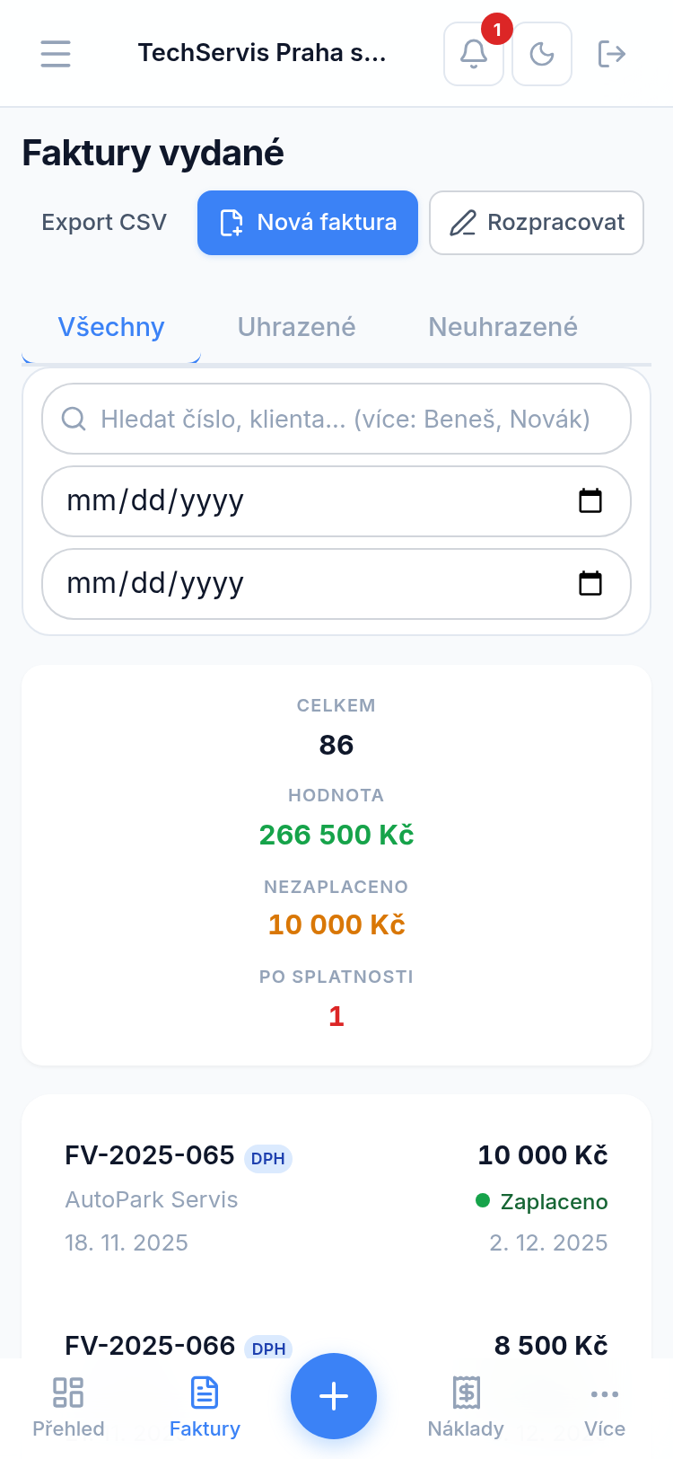 vystav.to na mobilu — seznam faktur s přehledem